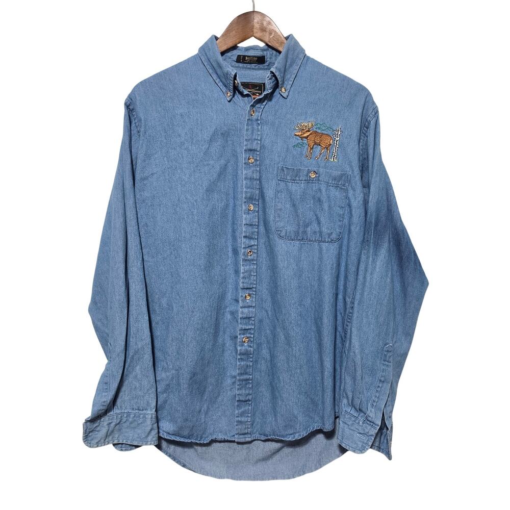 The Arrow Company Denim Button-Up Shirt Men's Size M Embroidered Moose Casual